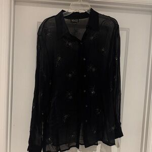 New York & Company Black Embroidered Button Down Shirt